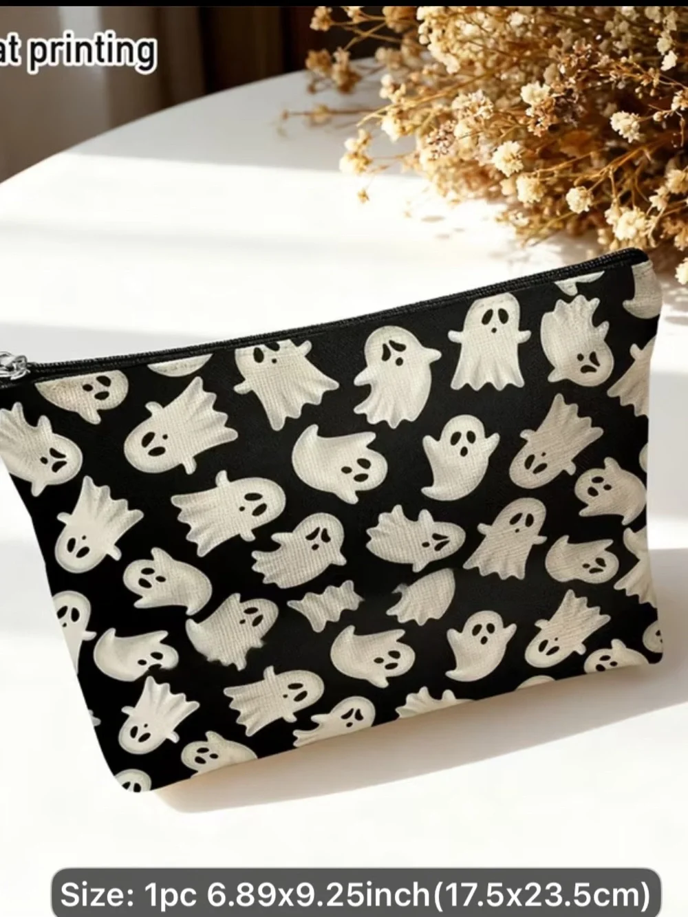 Ghost Halloween Themed Print Cosmetic Pouch in Black & White